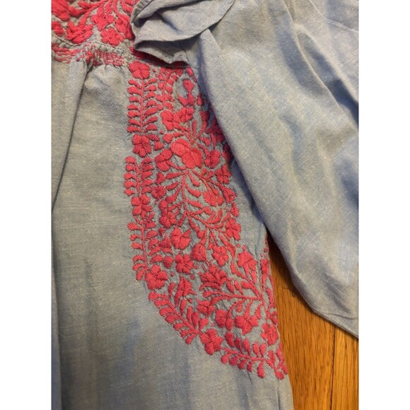 Mi Golondrina Fernanda Top Blouse Embroidered Blue Chambray Pink Floral XS - Picture 9 of 10